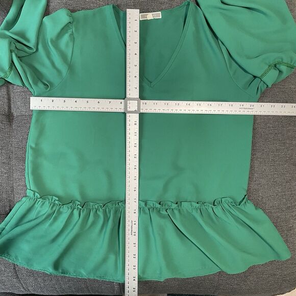 PLEIONE Blouse V-Neck Lantern Sleeve Shirt Green Womens Medium Flowy Boho Ruffle - Picture 5 of 10